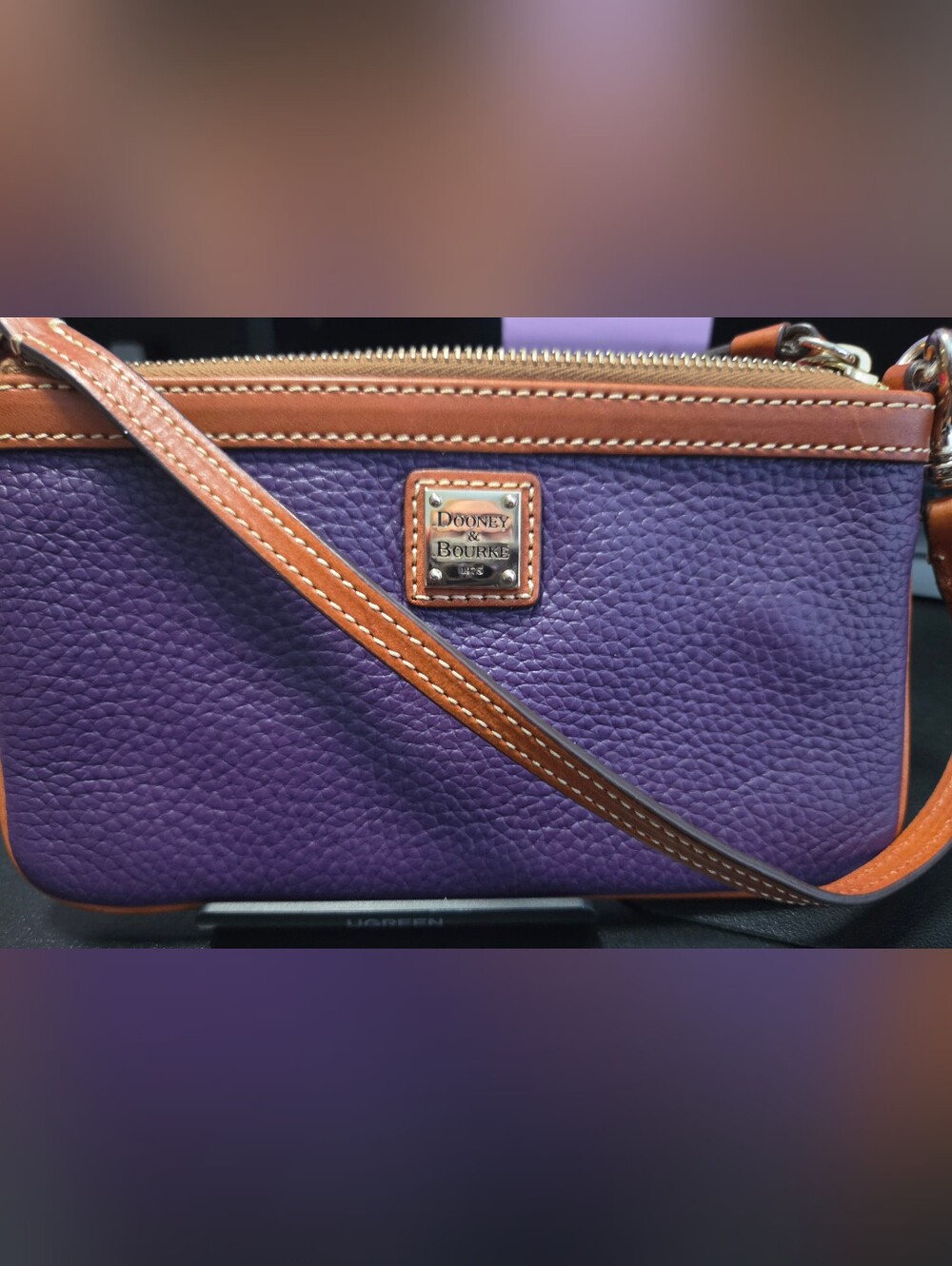 Dooney & Bourke Purple Pebbled Leather Wristlet with Tan Trim